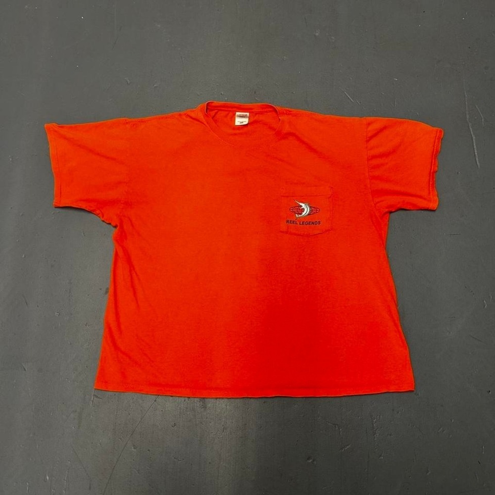 Vintage 2000s orange fishing "reel legends" double sided graphic pocket tshirt - Picture 2 of 5